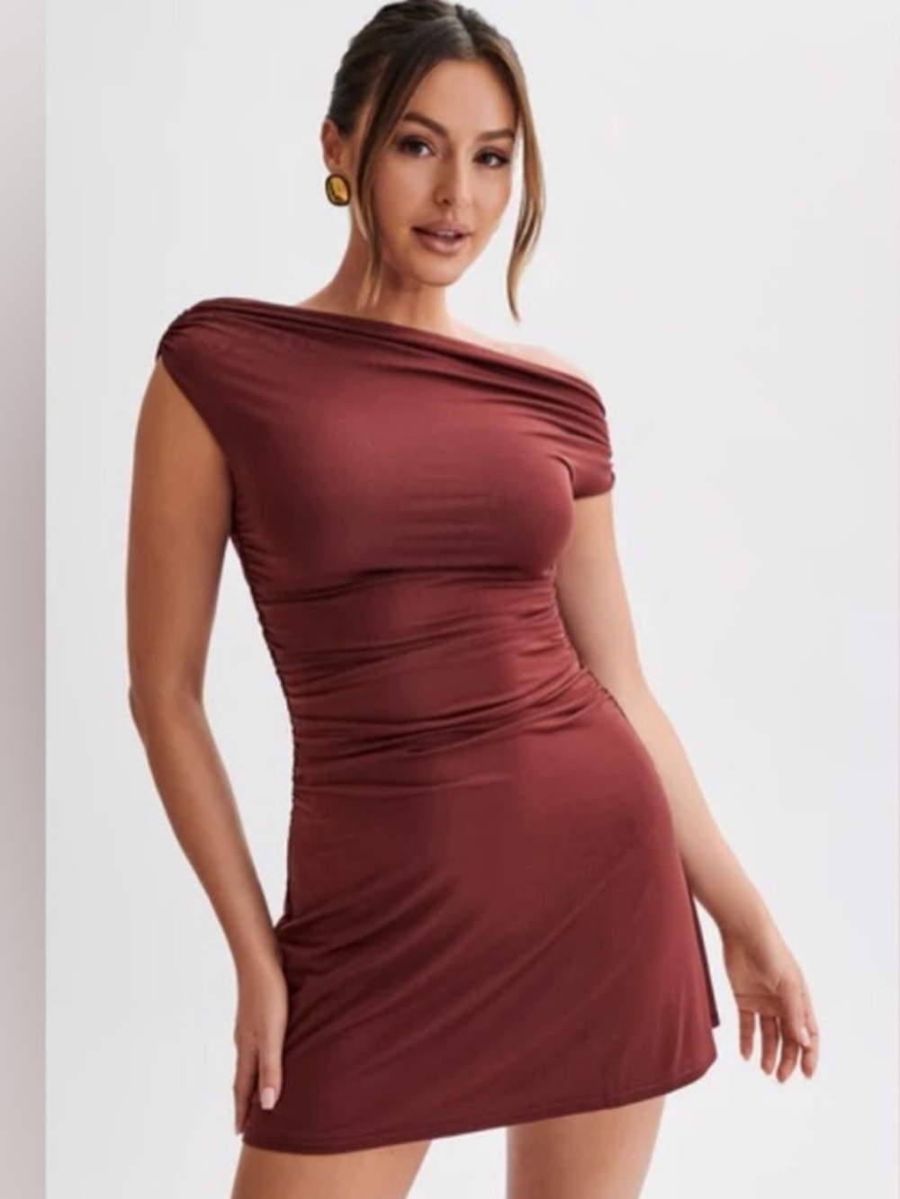 Meshki Burgundy Ruched Mini Dress